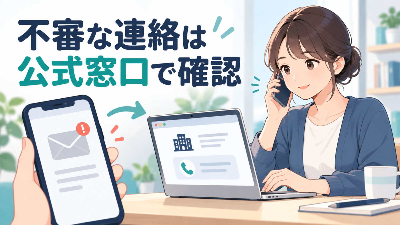 不審なメールのリンクを開かず、公式窓口で確認する場面のイメージ