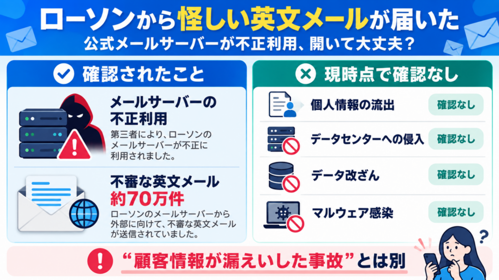 ローソンのメールサーバー不正利用で現時点では個人情報流出などが確認されていないことを示す図
