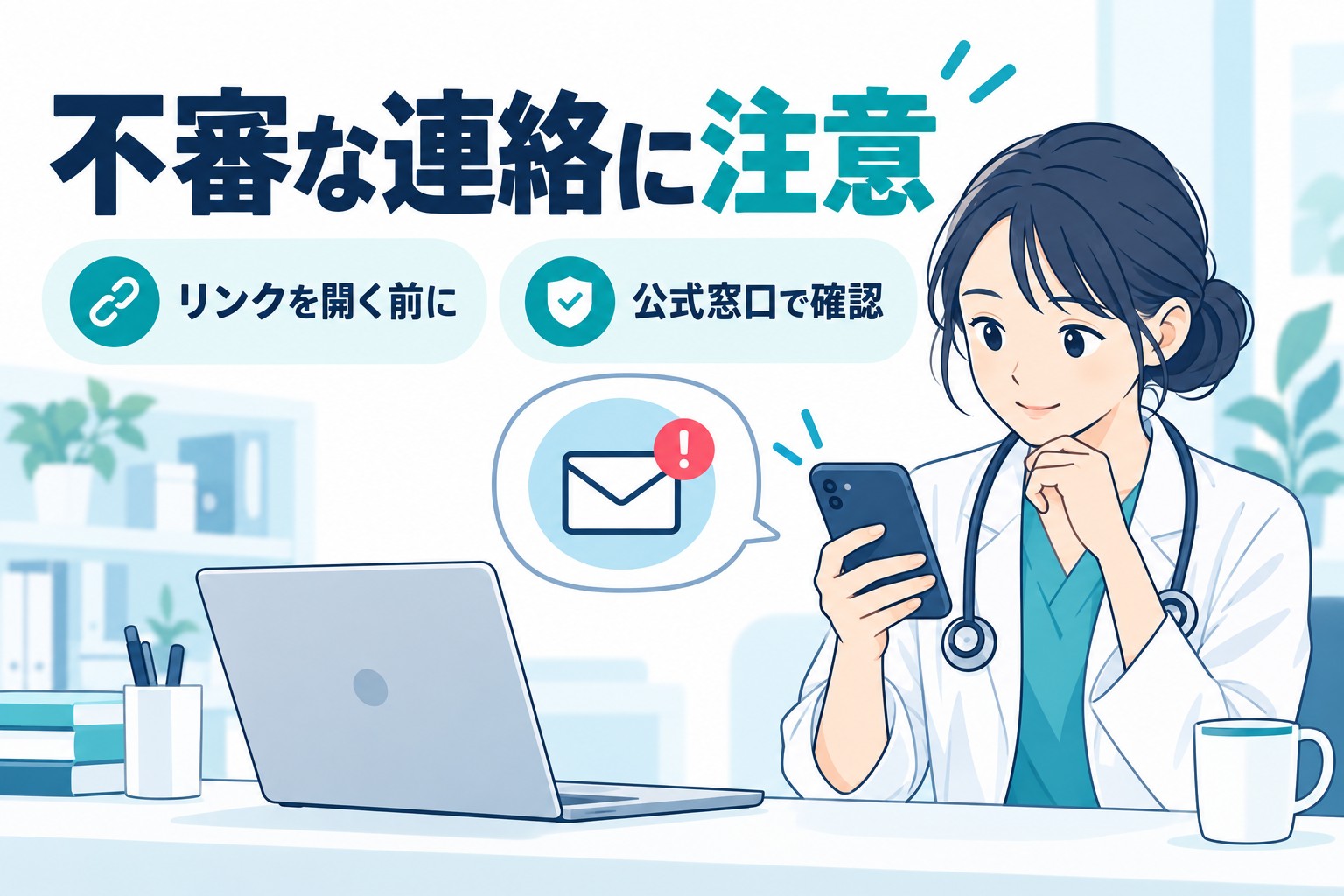 不審な連絡は公式窓口で確認するよう促すイメージイラスト