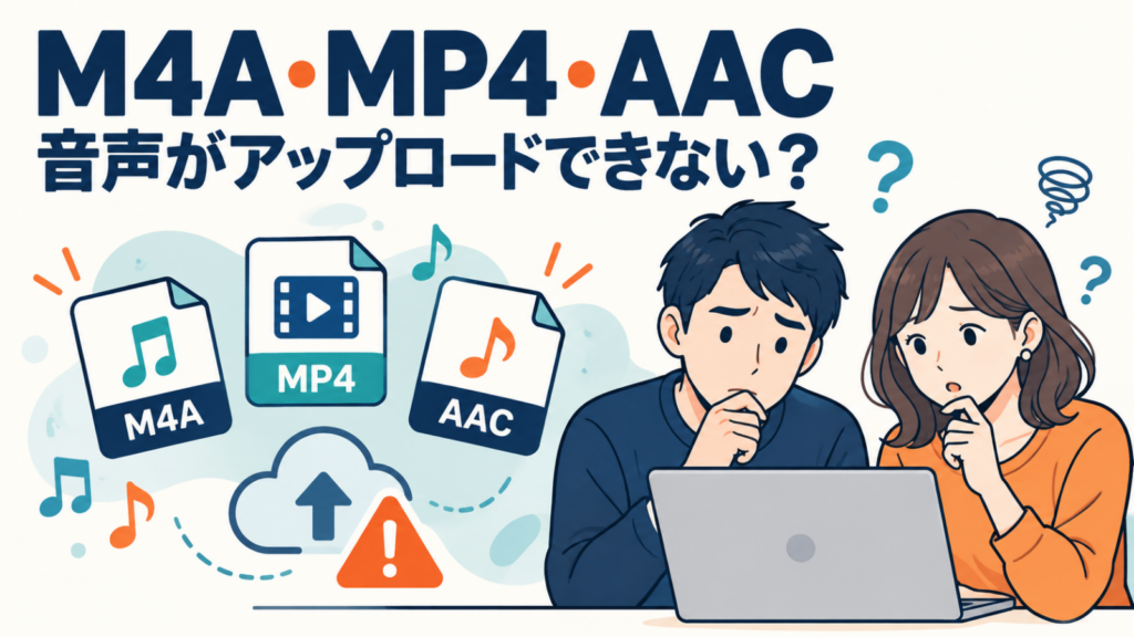 M4A・MP4・AACの音声アップロードで困っている男女のイラスト