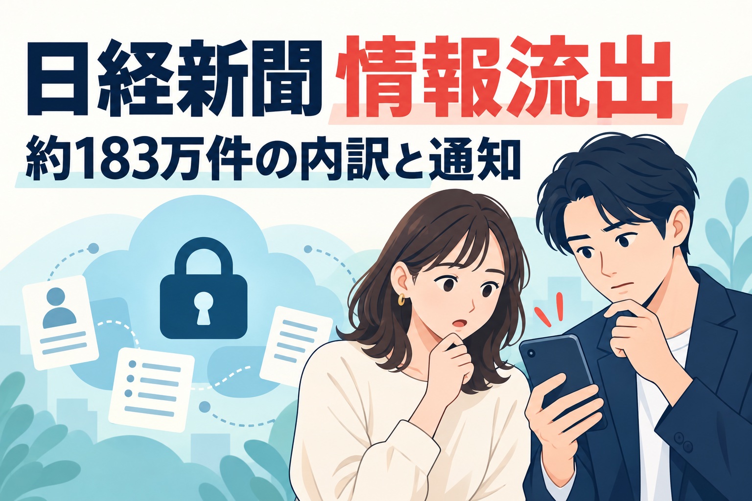 日経新聞の情報流出についてスマートフォンで確認する男女のイメージ