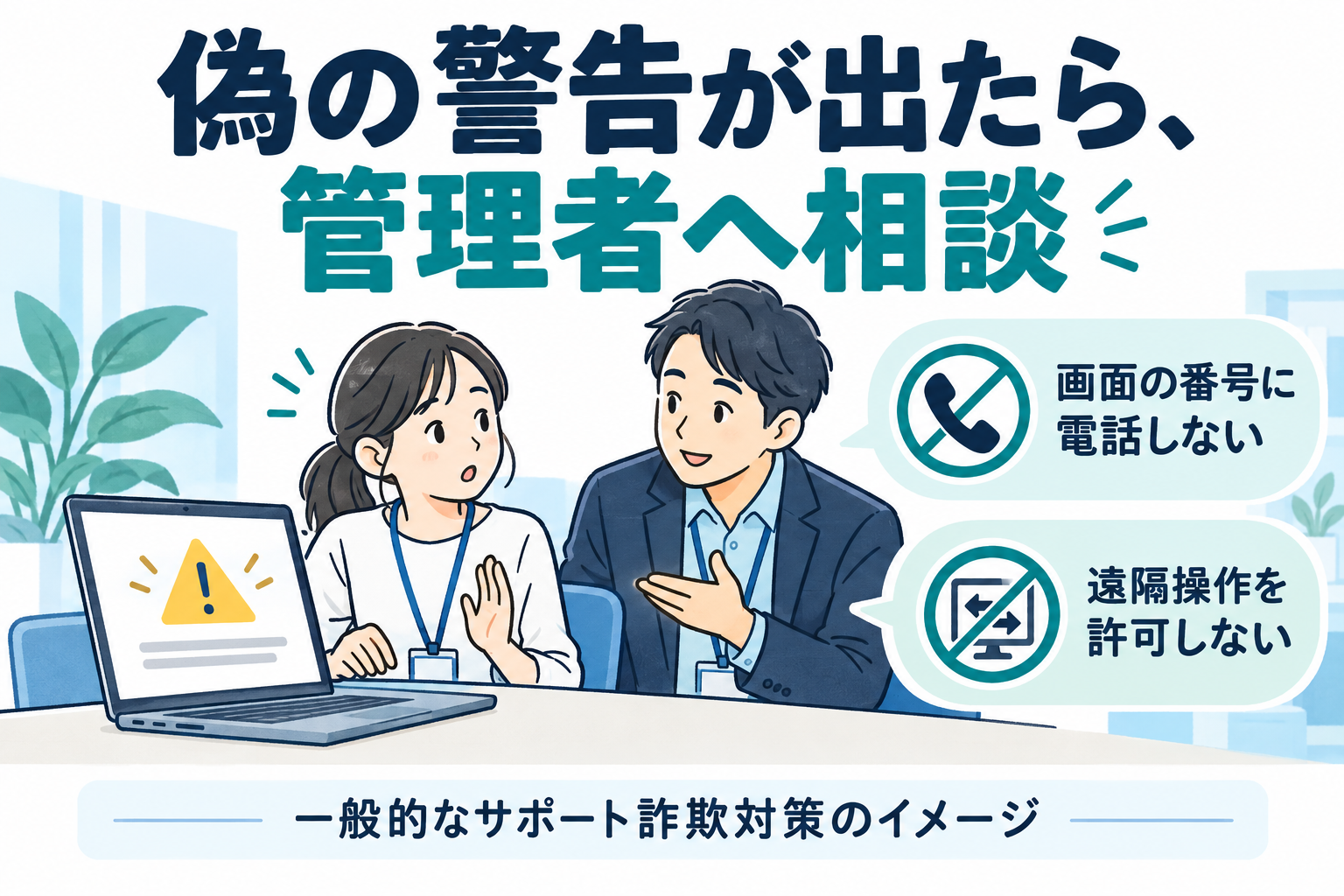 偽の警告が出たら管理者へ相談。画面の番号に電話せず、遠隔操作を許可しない