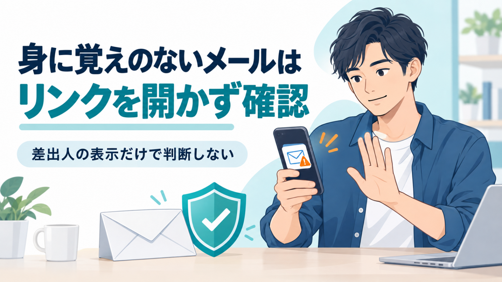 スマートフォンの不審なメールを見て操作を止める男性のイラスト