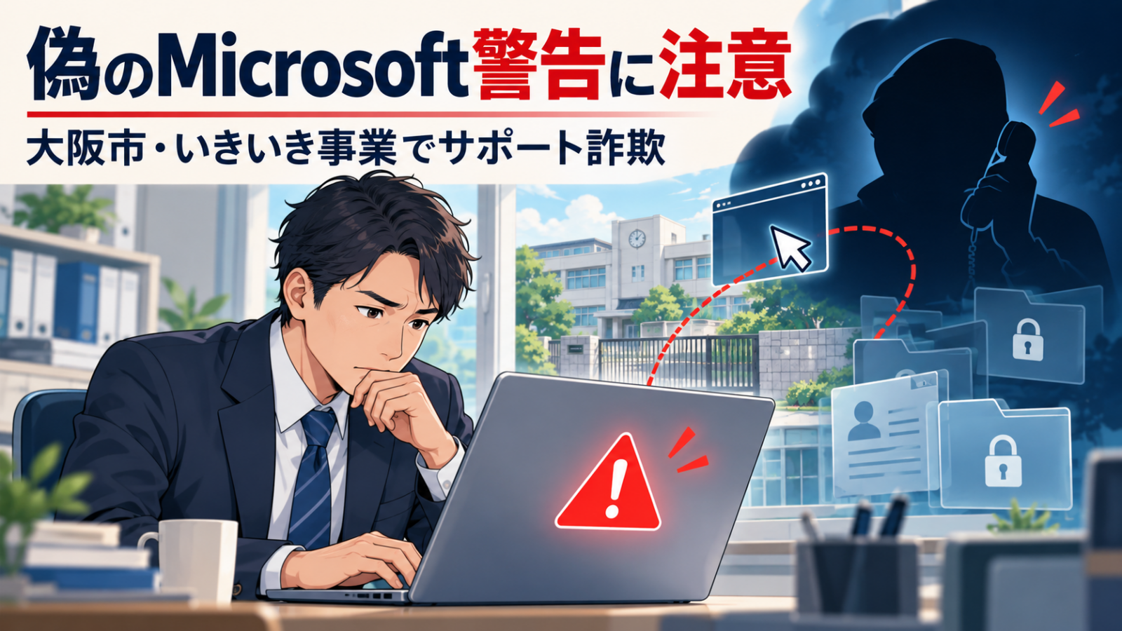 偽のMicrosoft警告から遠隔操作へ誘導するサポート詐欺を表したイラスト