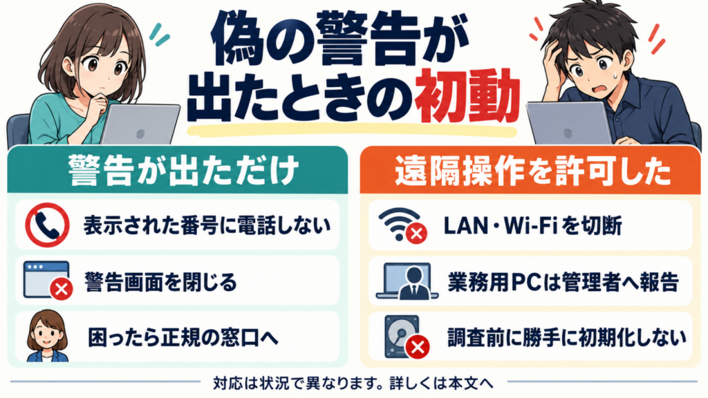 偽警告が出ただけの場合と遠隔操作を許可した場合の初動を分けた手順図
