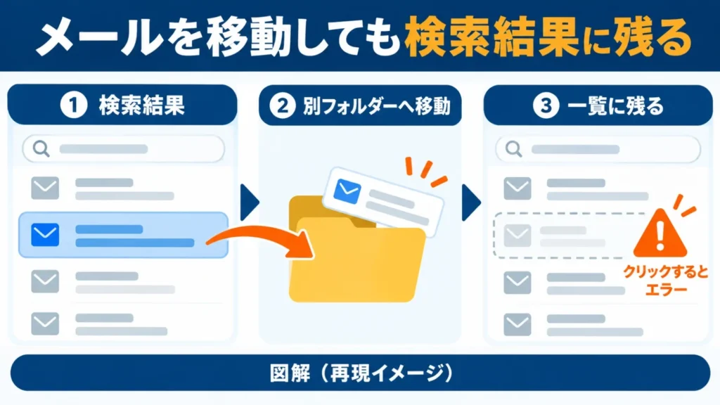 メールを検索して別フォルダーへ移動しても検索結果に残りクリック時にエラーになる流れを示した図解
