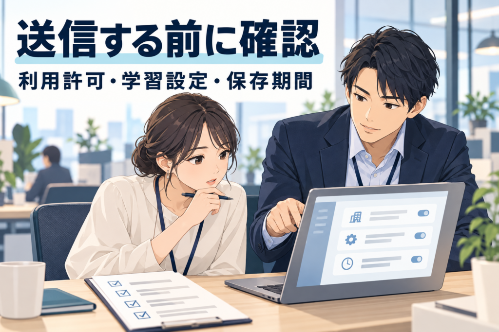 生成AIへ送信する前に利用許可・学習設定・保存期間を確認する担当者のイラスト
