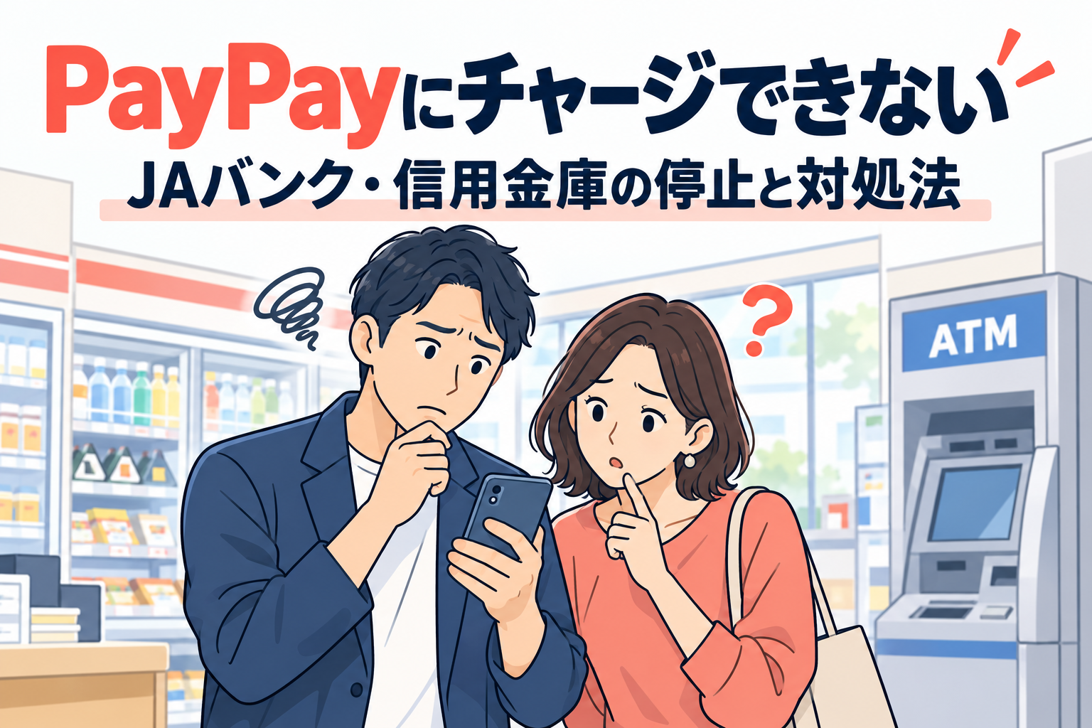PayPayへのチャージができず困っている男女のイラスト