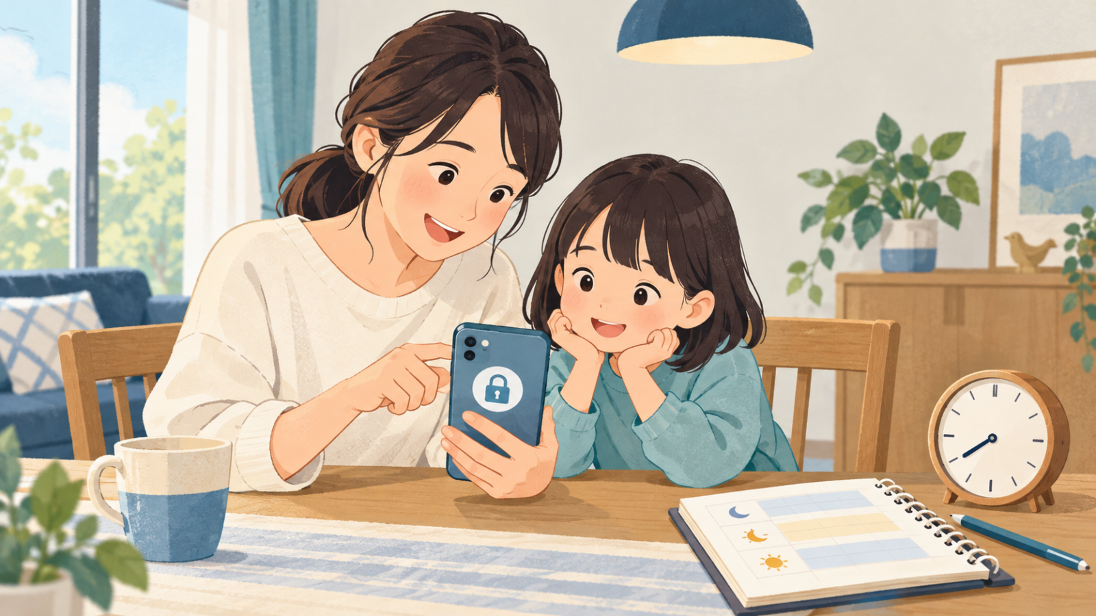 子どもと一緒にスマホの利用制限と使う時間を確認する保護者