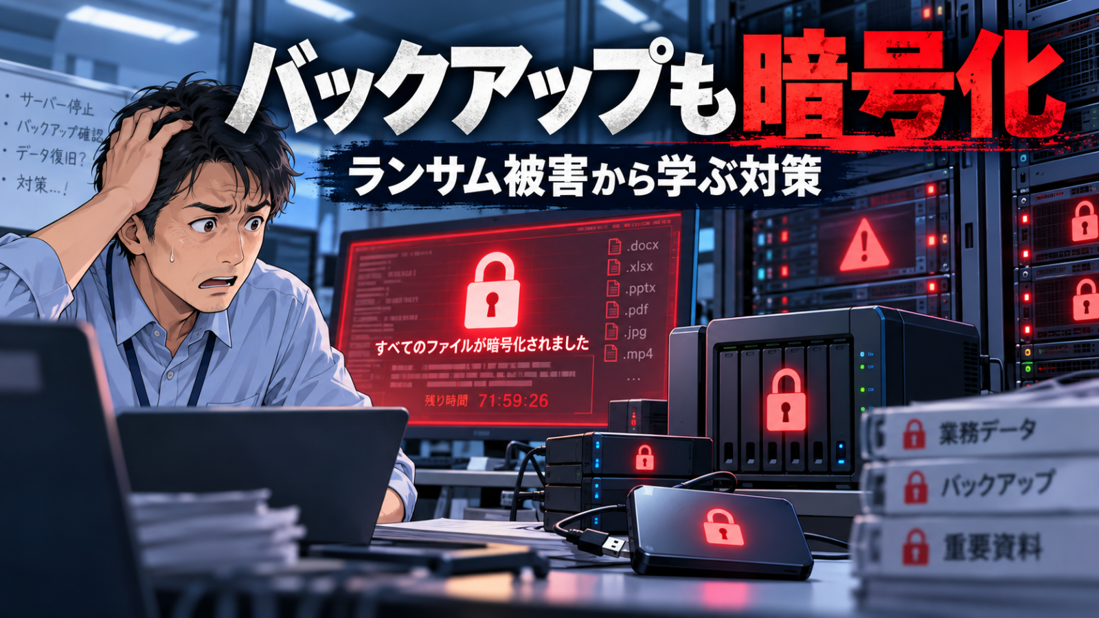 ランサムウェア被害でバックアップも暗号化された状況を示すアイキャッチ