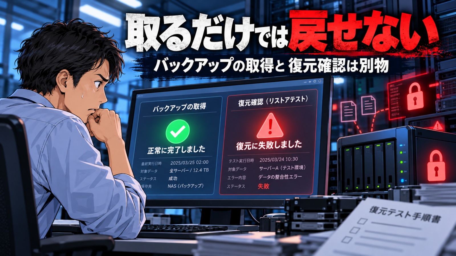 バックアップ取得成功でも復元テストに失敗する例を示す図