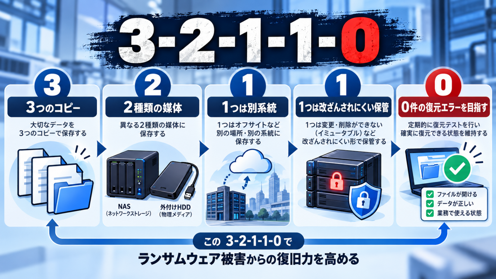 ランサムウェア対策の3-2-1-1-0バックアップルールを示す図