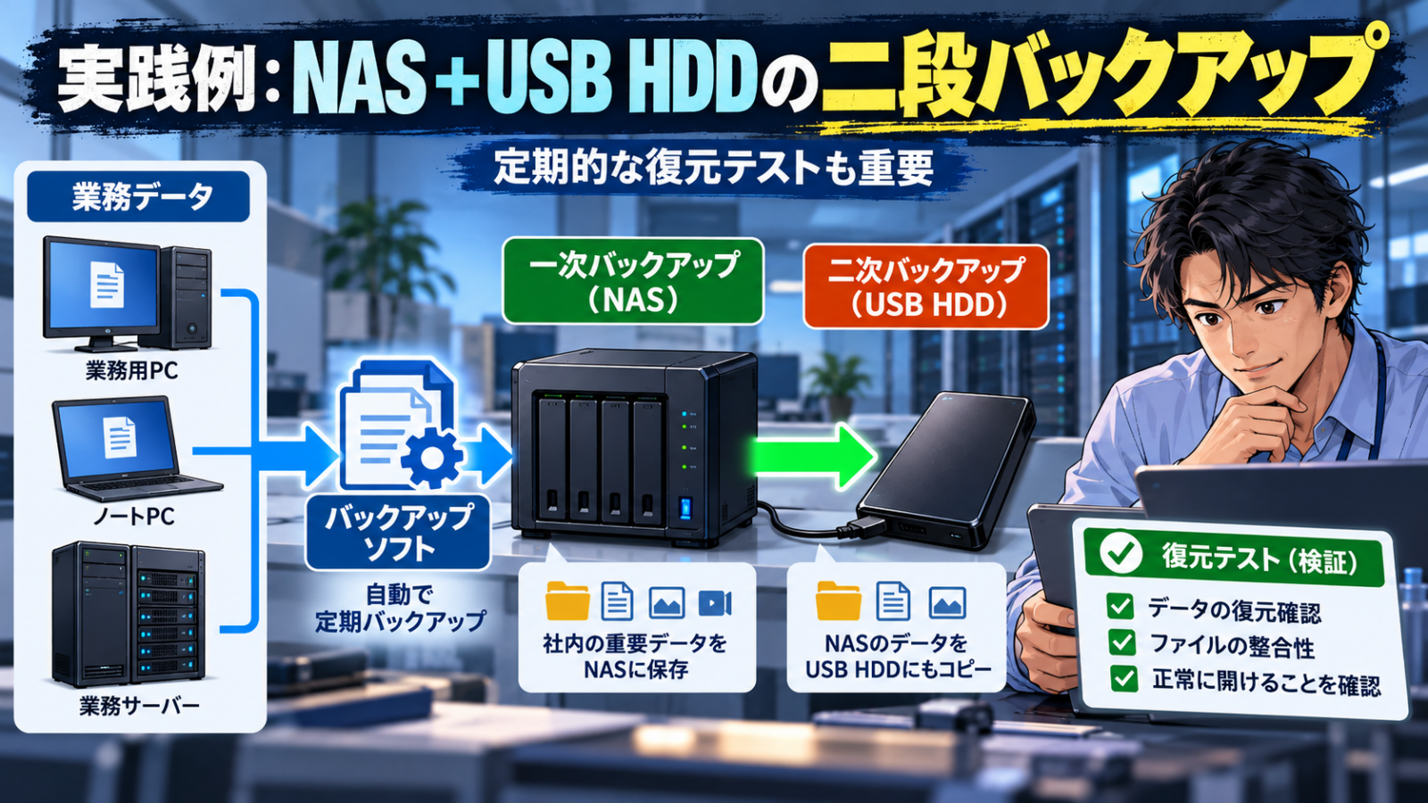 業務データをNASへバックアップしUSB HDDへ二次保存する構成例
