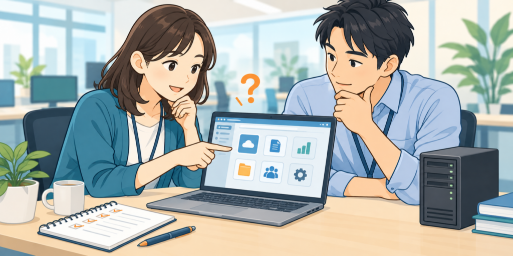 リモートアプリの入口と代替手段を確認するIT担当者のイラスト