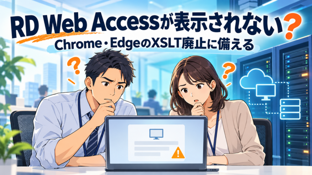 RD Web Accessが表示されない問題とChrome・EdgeのXSLT廃止に困惑するIT担当者のイラスト