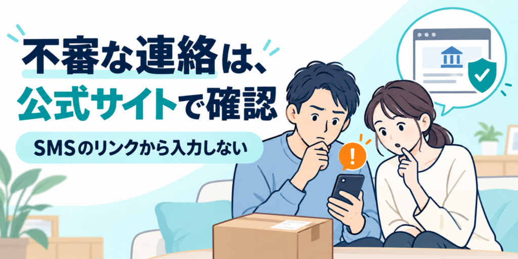 不審な連絡を受けたらSMSのリンクから入力せず公式サイトで確認する