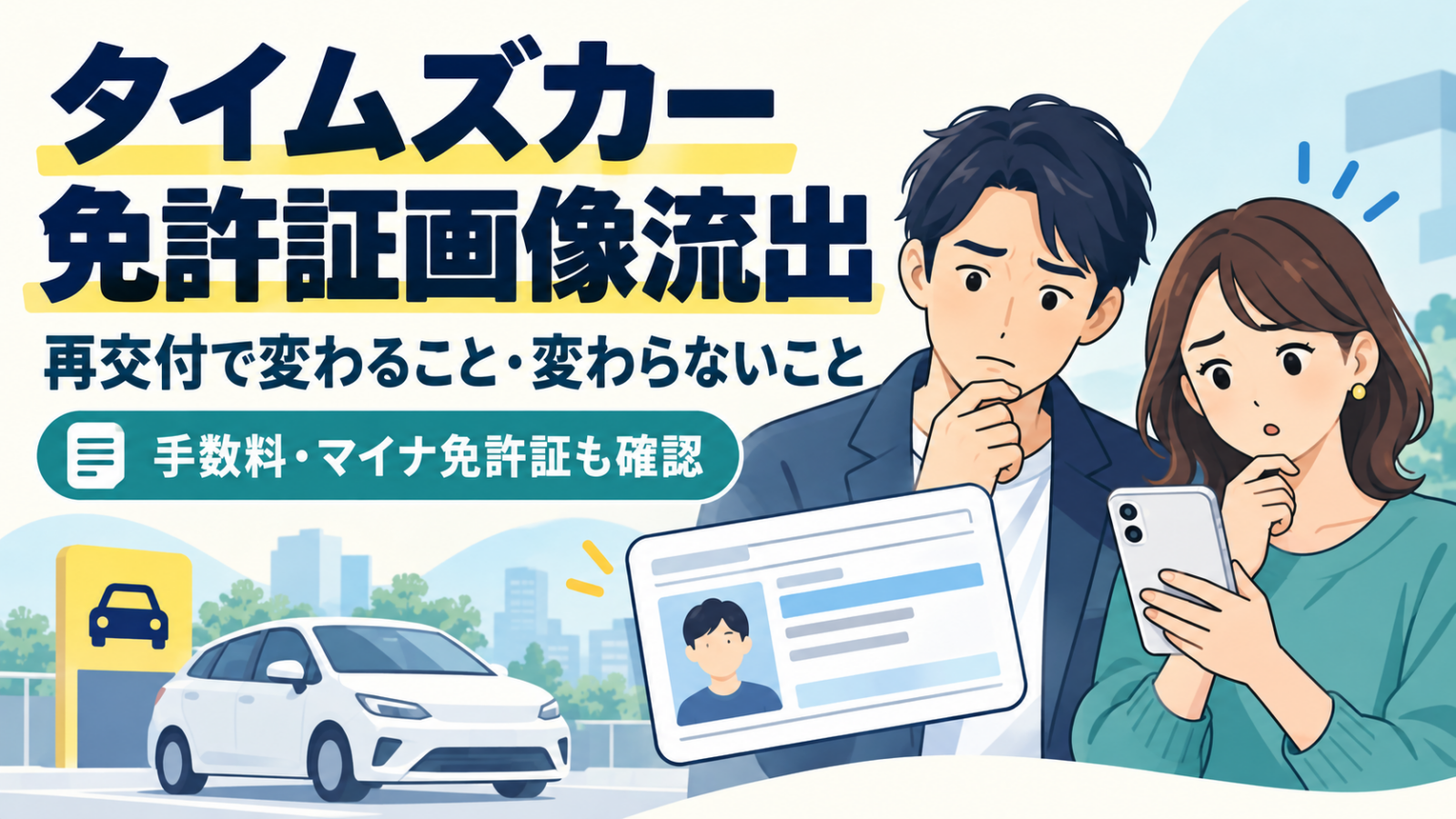 タイムズカーの免許証画像流出で、再交付の変更点と手数料を確認する男女のイラスト