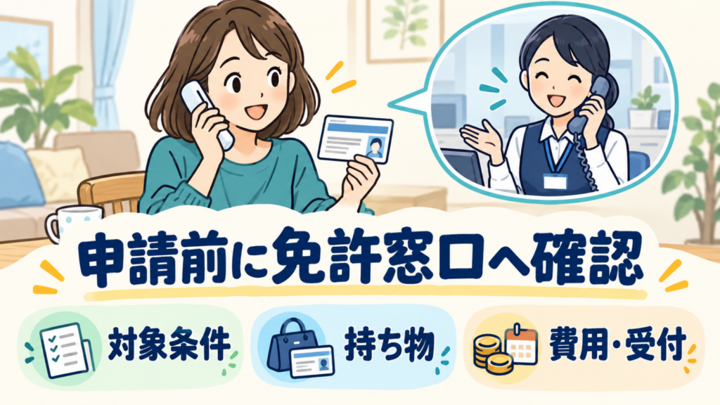 再交付の申請前に、免許窓口へ対象条件・持ち物・費用と受付を確認するイラスト