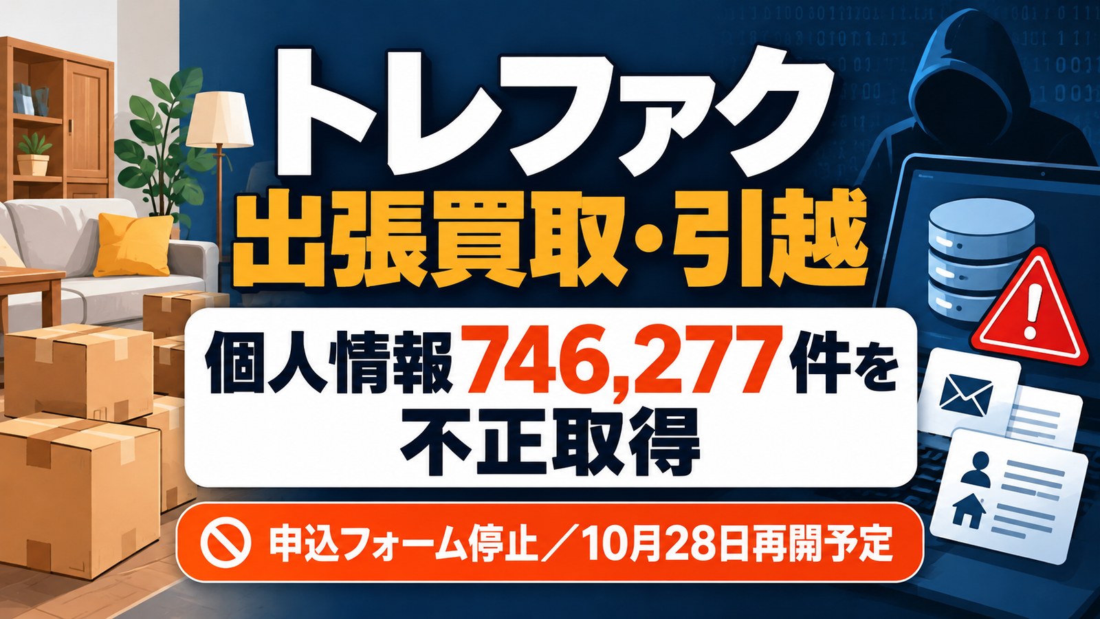 トレファク出張買取・引越の顧客情報746,277件が不正取得され、申込フォームが停止したことを伝えるイラスト