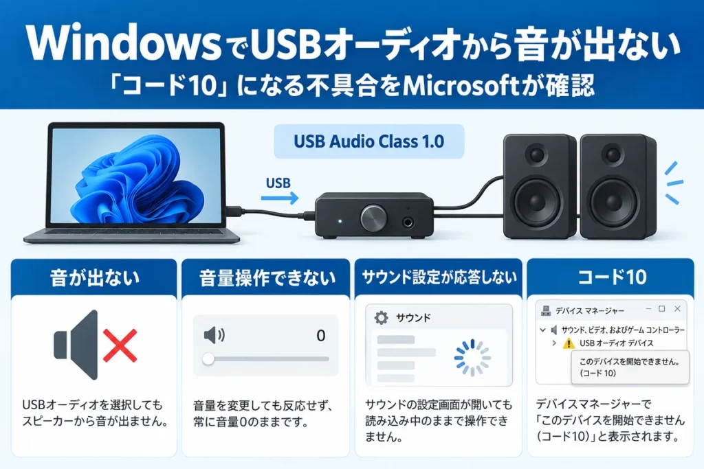 WindowsのUSB Audio Class 1.0不具合で確認されている、無音・音量0・サウンド設定停止・コード10の4症状を示す図