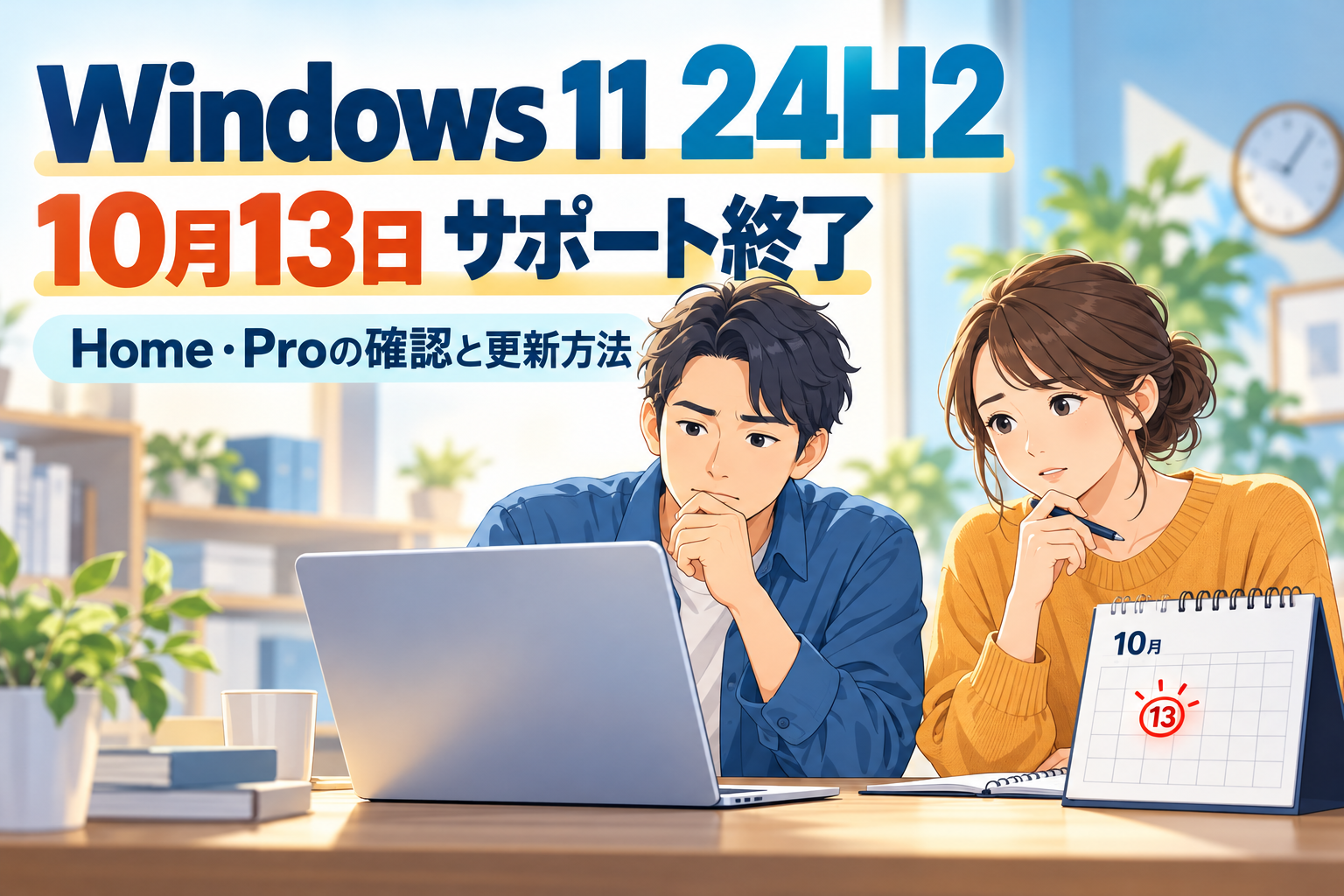Windows 11 24H2のサポート終了日と対象PCを確認する男女のイラスト