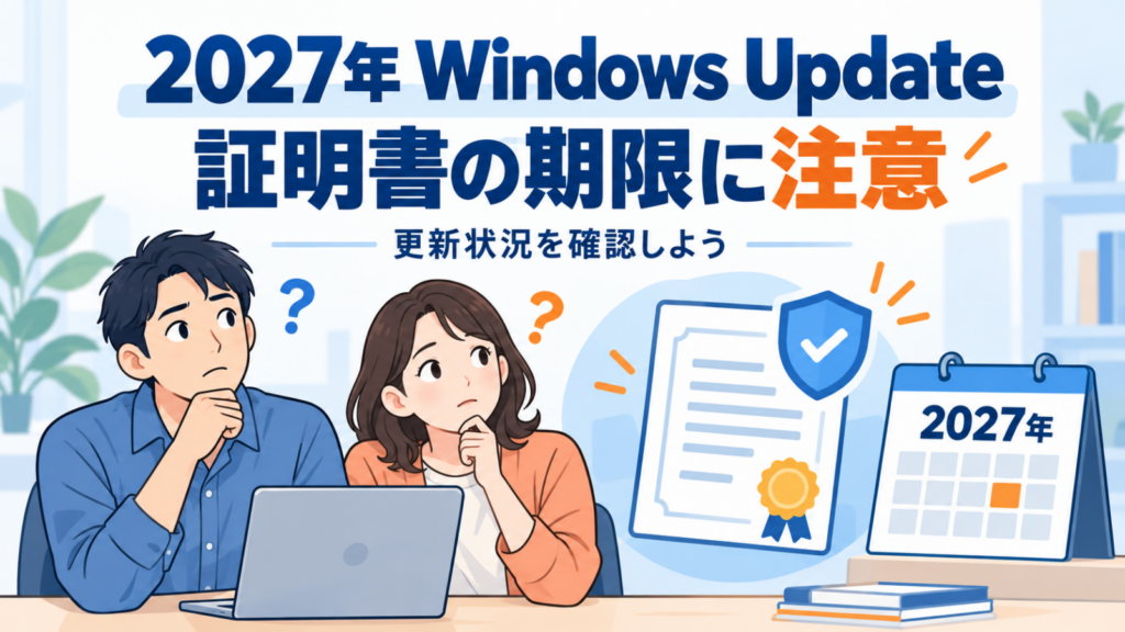 2027年のWindows Update証明書の期限に注意し更新状況を確認する男女のイラスト