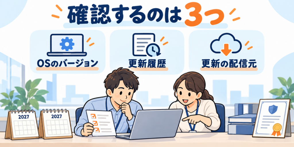 確認するのはOSのバージョン、更新履歴、更新の配信元の3つ