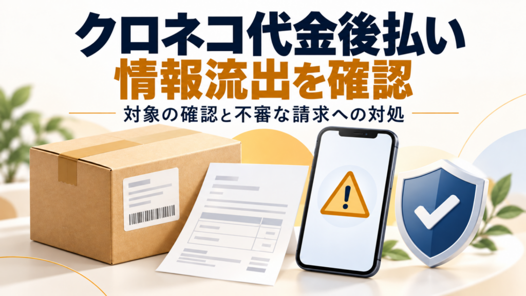 クロネコ代金後払いの情報流出確認と、対象確認・不審な請求への対処を案内するイラスト