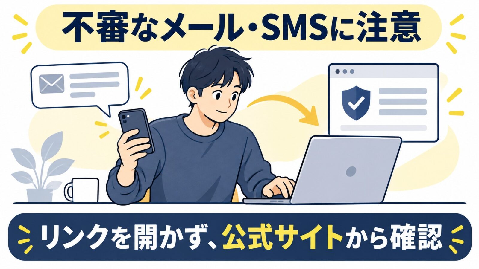 不審なメッセージ内のリンクを使わず、公式サイトから確認するイメージ
