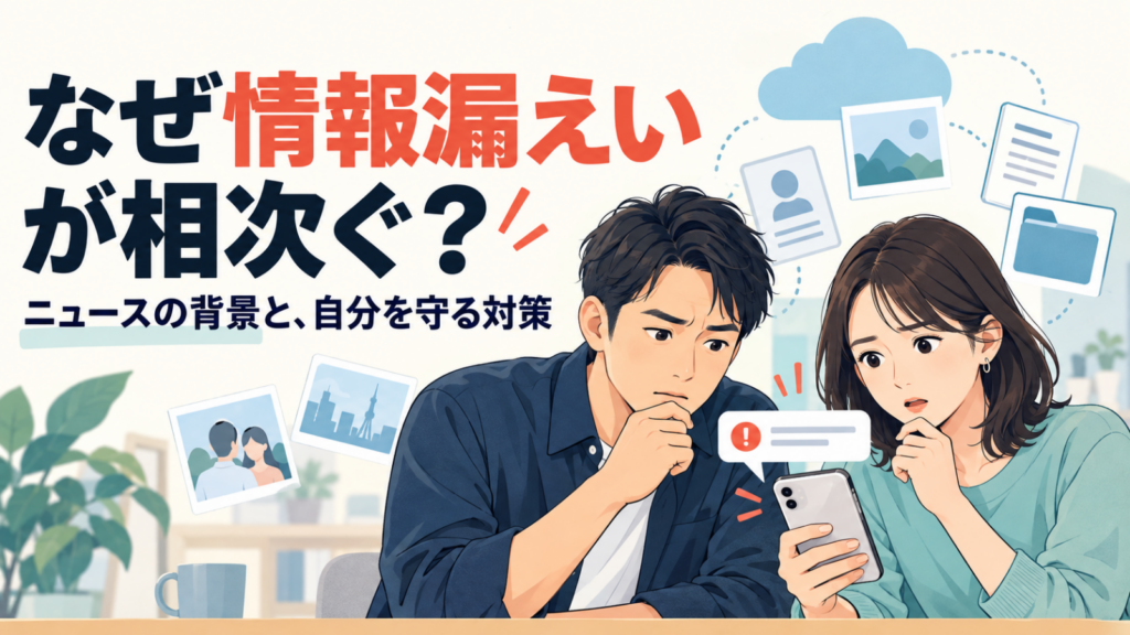 情報漏えいの通知を見て戸惑う男女と写真・文書のイラスト