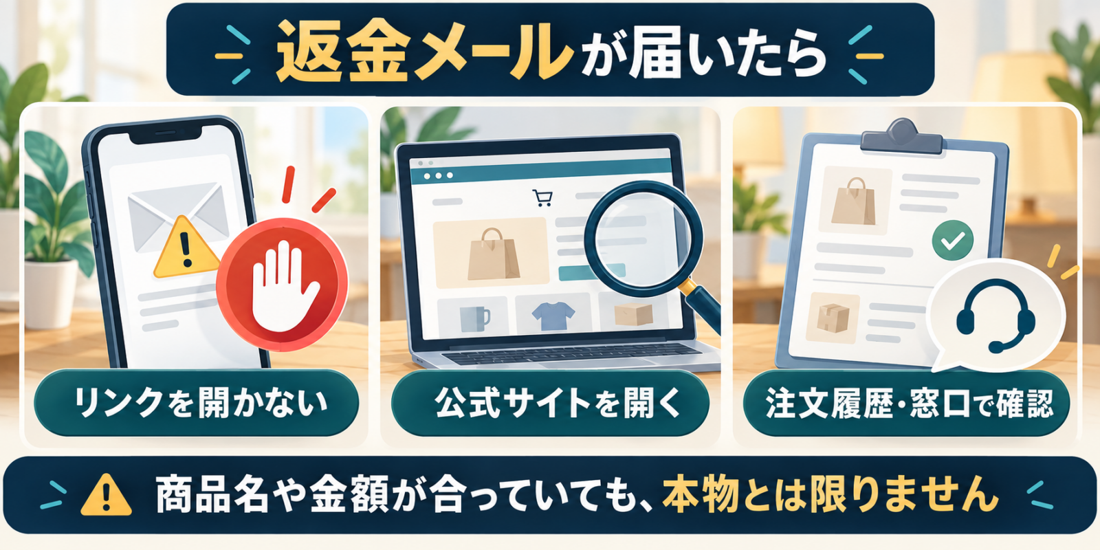 返金メールのリンクを開かず、公式サイトの注文履歴や窓口で確認する手順