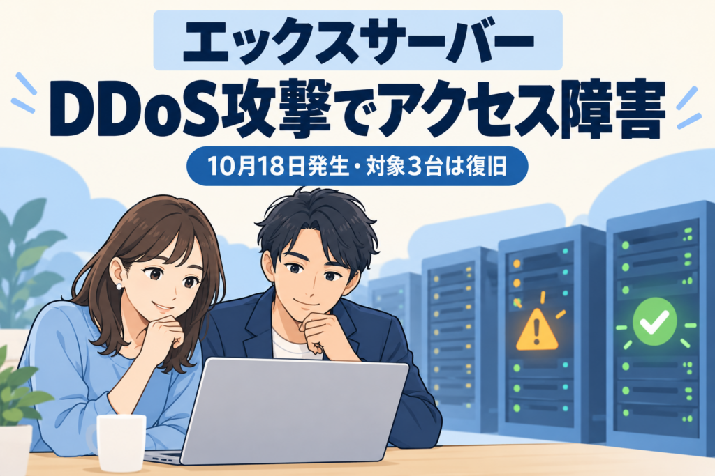 エックスサーバーのDDoS攻撃によるアクセス障害と対象3台の復旧を伝えるイメージ