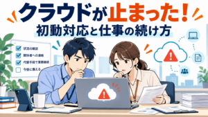 クラウド障害で困る担当者と、状況確認・連絡・代替運用を示すイラスト