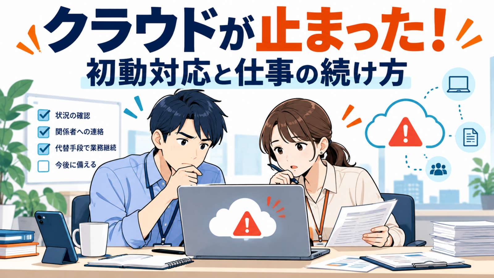 クラウド障害で困る担当者と、状況確認・連絡・代替運用を示すイラスト