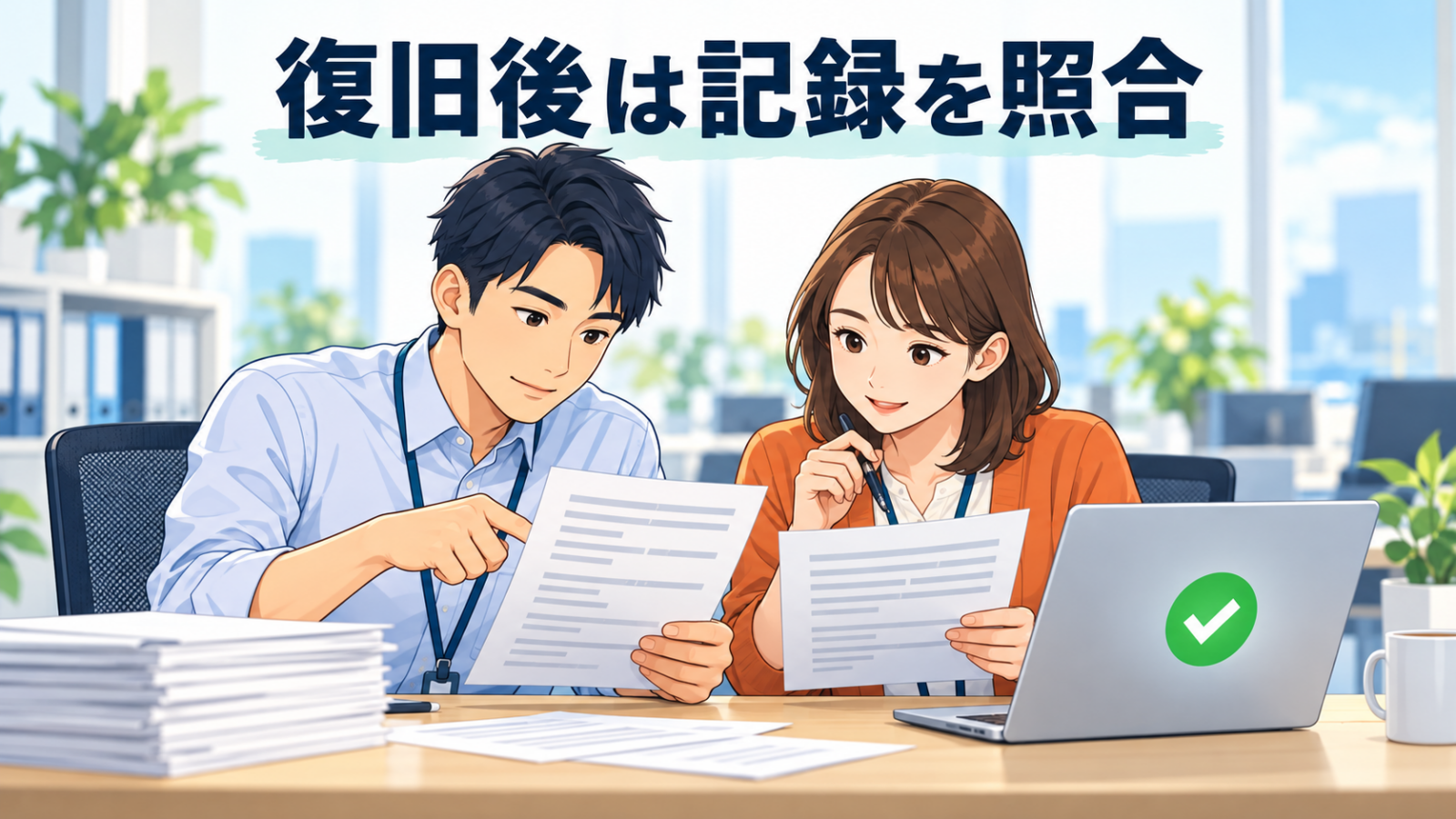 復旧後に紙の仮記録とシステムのデータを照合する担当者