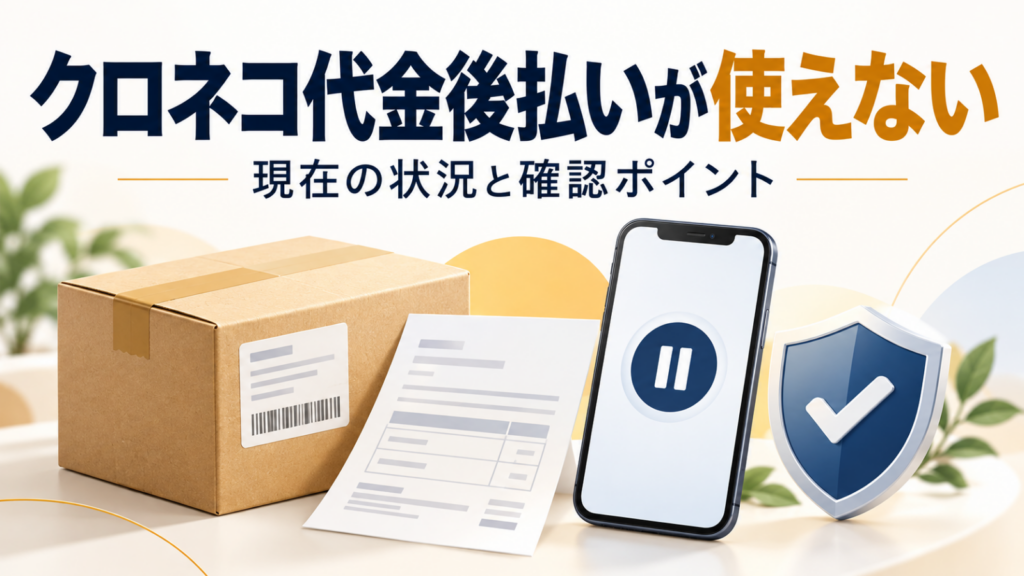 クロネコ代金後払いの停止と確認ポイントを表す荷物、請求書、スマートフォンのイラスト