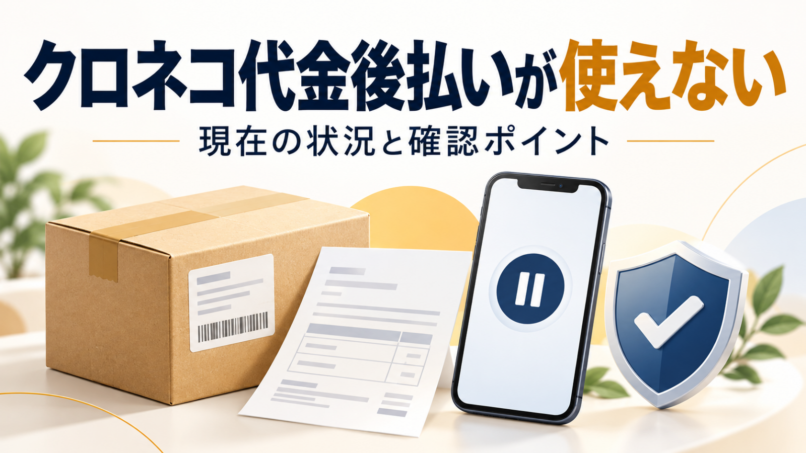 クロネコ代金後払いの停止と確認ポイントを表す荷物、請求書、スマートフォンのイラスト