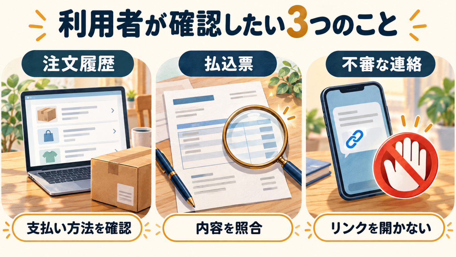 注文履歴で支払い方法を確認し、払込票を照合し、不審な連絡のリンクを開かないという3つの確認ポイント