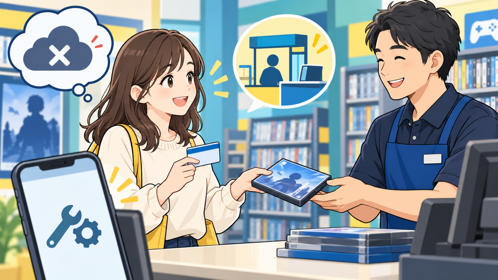 オンラインサービス停止中に、会員カードを用意して店頭で手続きを確認するイラスト