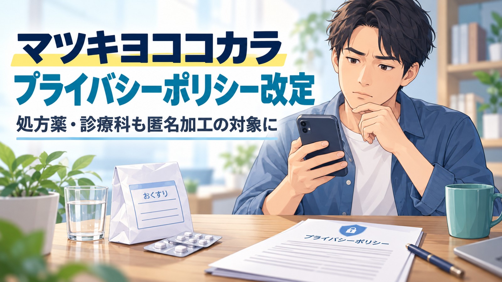 マツキヨココカラのプライバシーポリシー改定と処方薬・診療科の情報を確認するイメージ