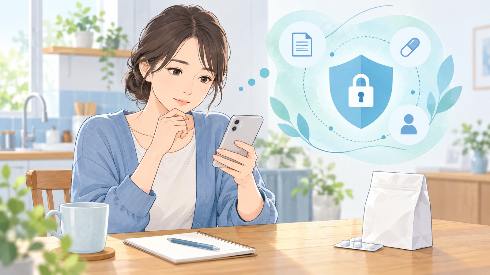メールを読み、処方薬に関する情報の扱いを確認するイメージ
