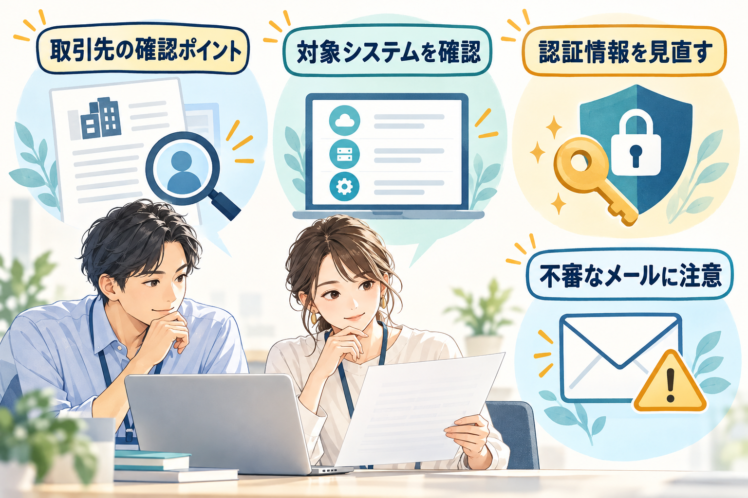 通知の対象、認証情報、不審メールを確認する担当者のイメージ