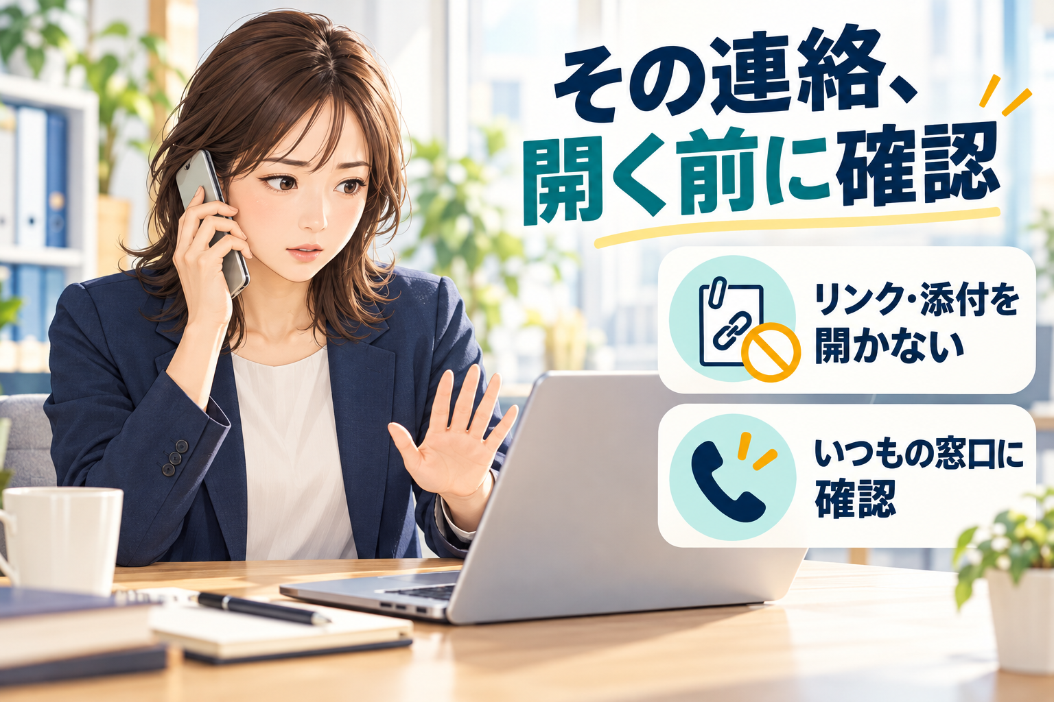不審なメールを開く前に既知の窓口へ確認するイメージ