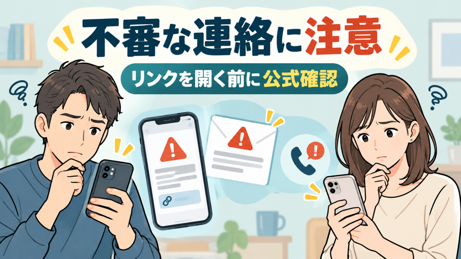 不審な連絡に困り公式情報を確認する男女