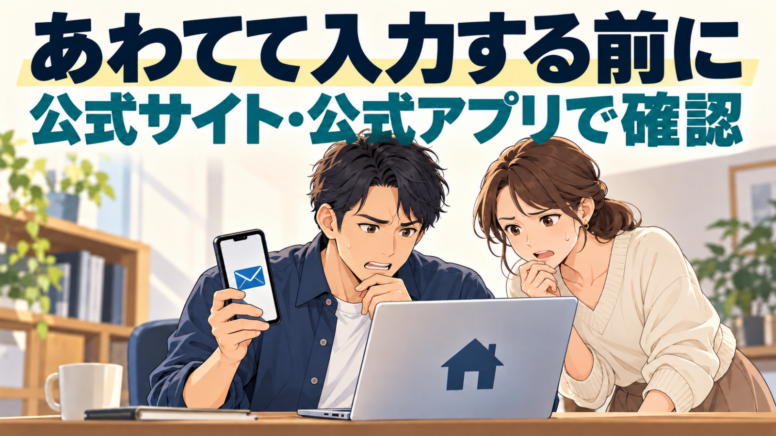 不審な連絡に戸惑い、公式サイトや公式アプリで確認する30代の男女