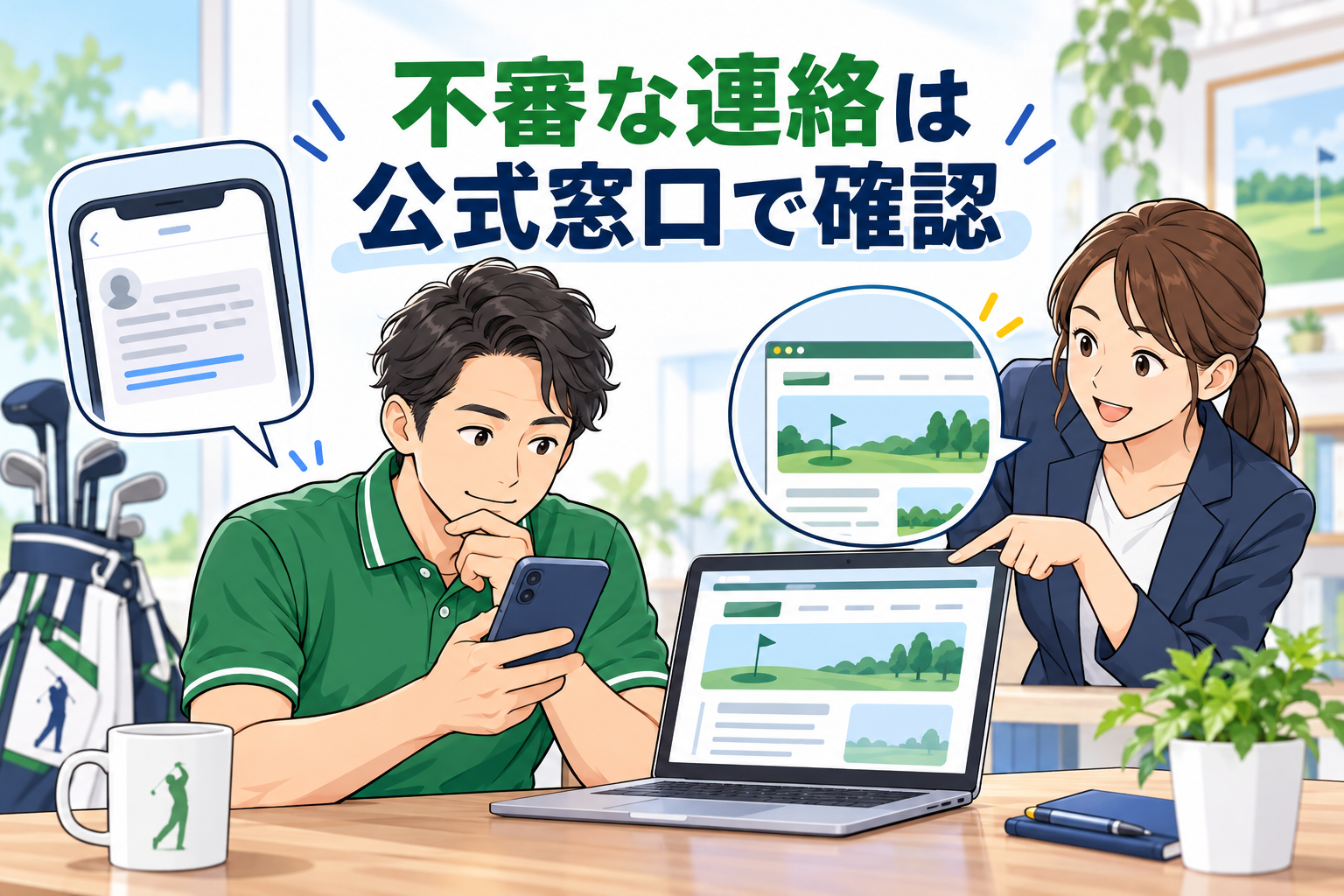 不審なメールや連絡の内容を公式窓口で確認するイメージ