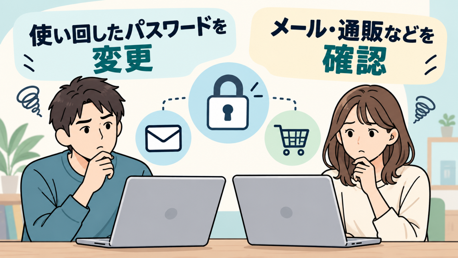 使い回したパスワードを変更しメールと通販を確認する男女
