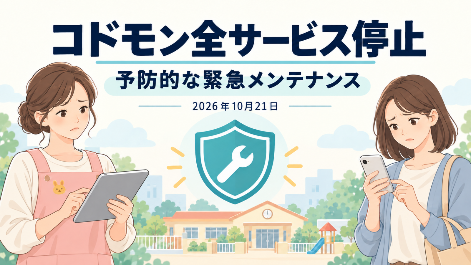 コドモンの全サービス停止に困る保育者と保護者。予防的な緊急メンテナンスを示すイラスト