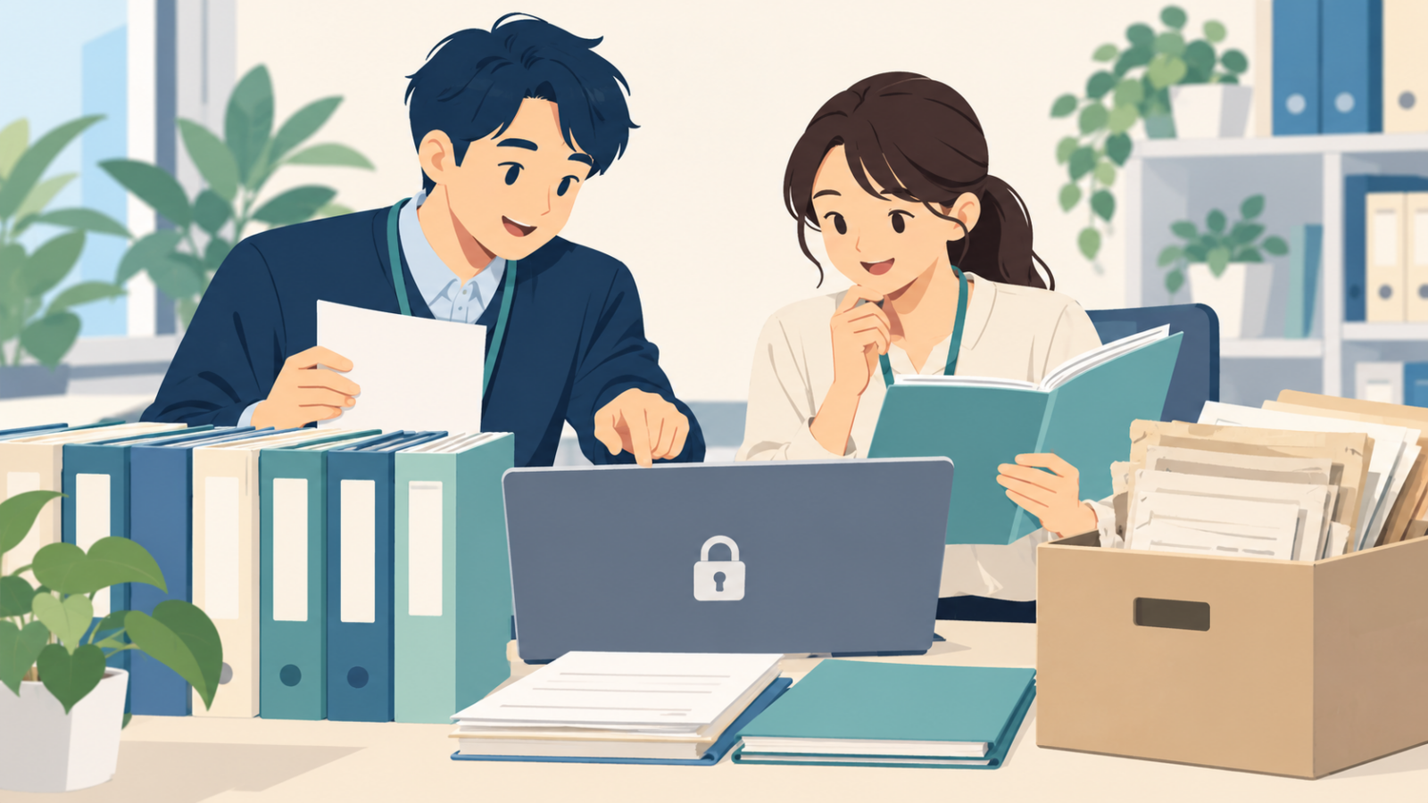 書類とパソコンを見ながら、個人データの保存場所や保存の必要性を確認する男女のイラスト