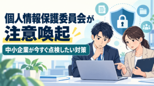個人情報保護委員会の注意喚起を受け、セキュリティ対策を点検する男女のイラスト